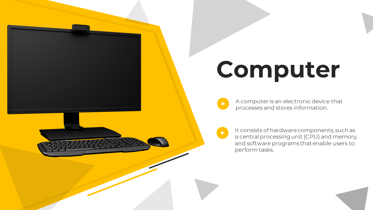 Computer setup on a yellow geometric background, with text on the right defining computer hardware and software functions.