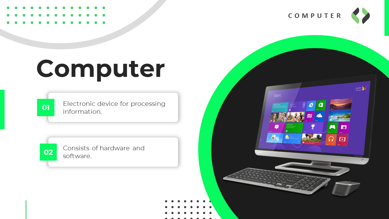 Computer PowerPoint slide with a modern computer setup, featuring two key points about the device.