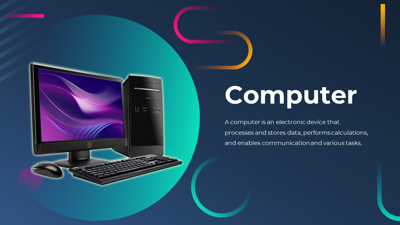 Slide featuring a desktop computer, keyboard, and mouse with a gradient background and descriptive text.