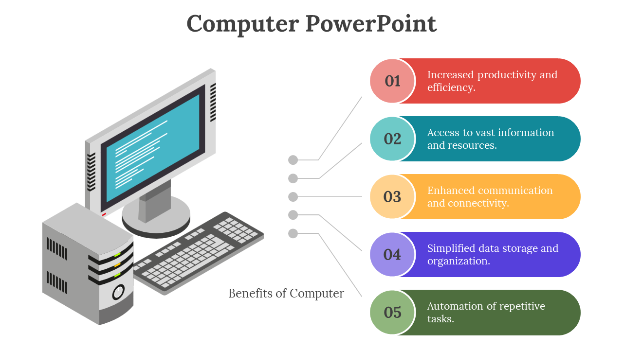 Computer PPT slide showing five benefits with numbered sections in a colorful text box on a white backdrop.