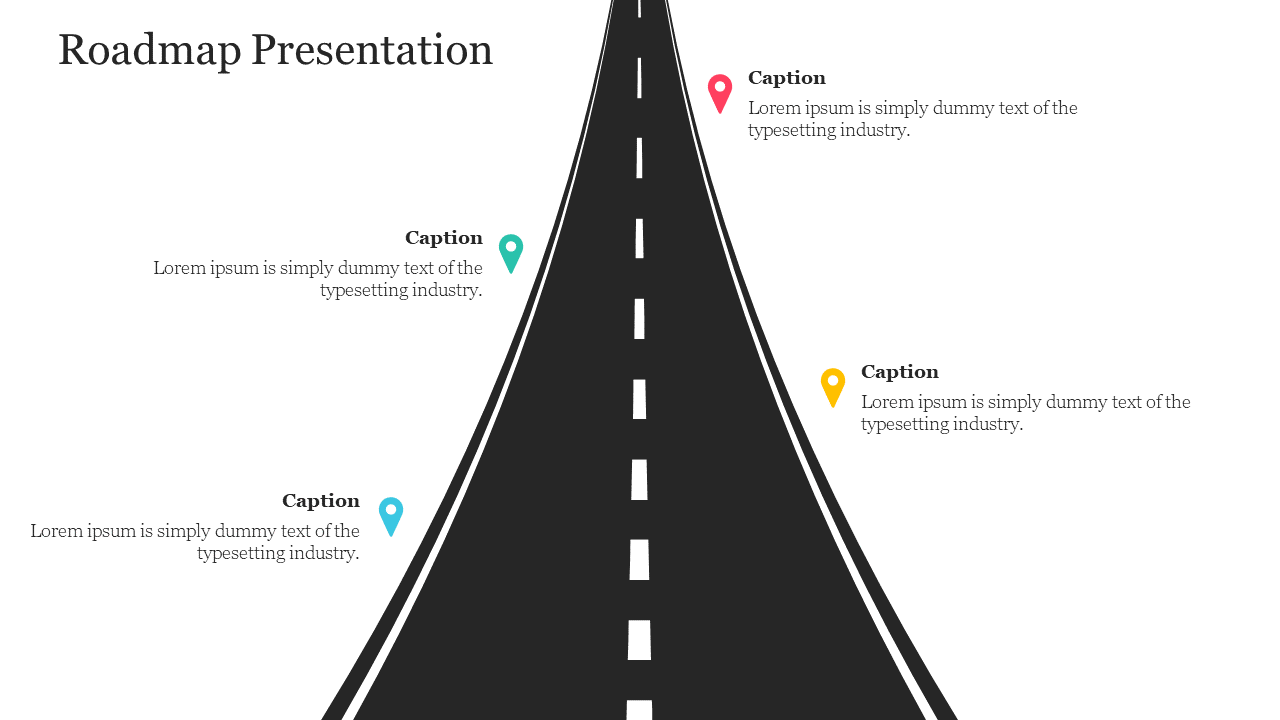 Roadmap infographic with markers on both sides of a road, each connected to caption areas.