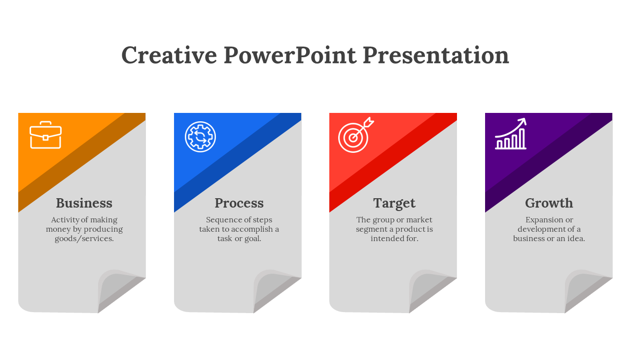 Creative PowerPoint presentation template showcasing four pillars from Business to Growth with colorful sections and icons.