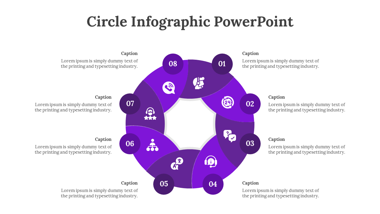 Purple circular layout with eight segments, each with an icon and corresponding text in a clockwise pattern.