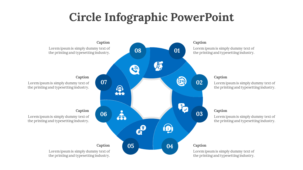 Infographic PPT slide featuring eight sections with icons for different steps or processes, arranged in a blue circular flow.