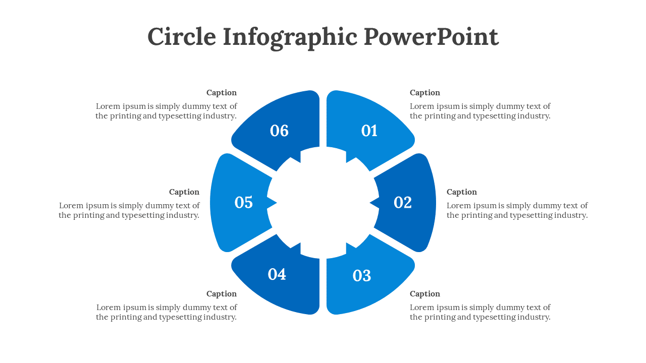 Circular infographic with six numbered blue segments arranged in a ring, each linked to a caption area.