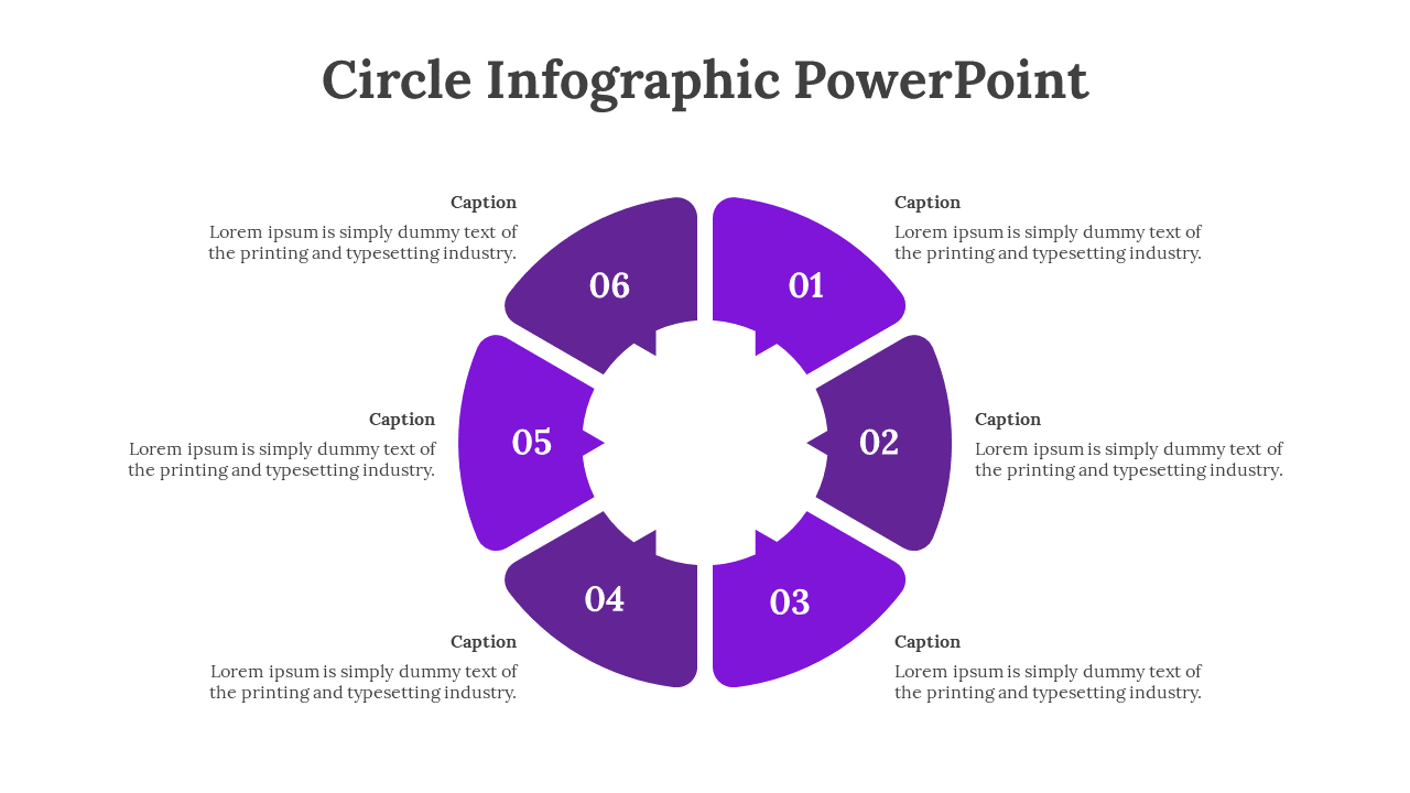 Circular infographic template with six purple sections, each with a placeholder for text and numbered labels.