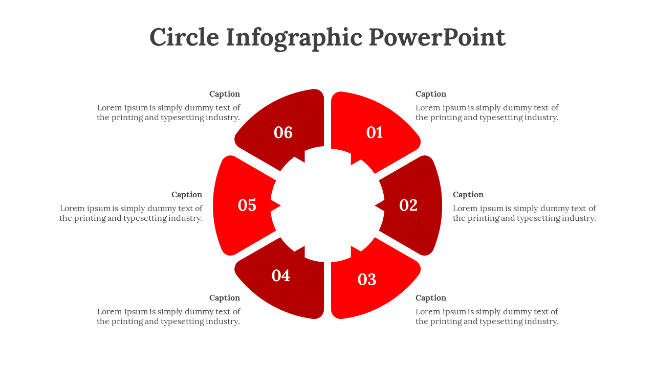 Red circular infographic PPT template with six sections, each with a caption and placeholder text on a white backdrop.