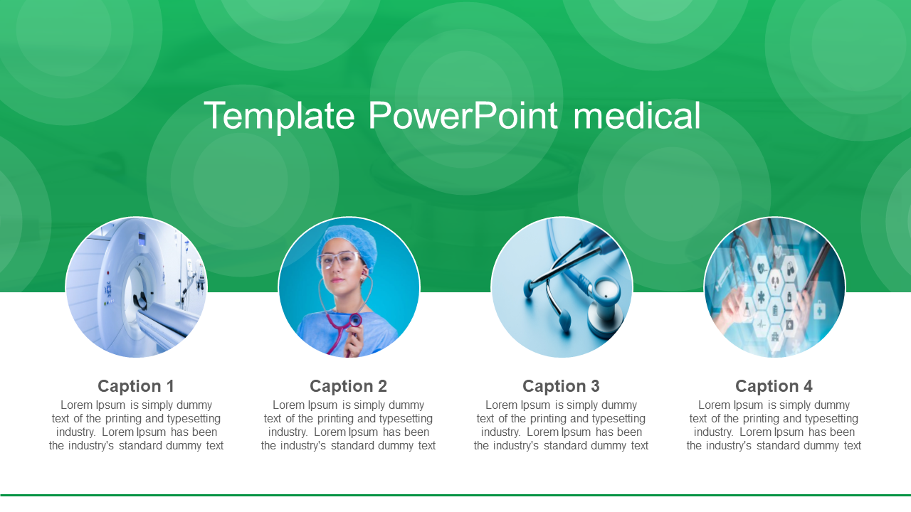 Healthcare-themed template with images of medical equipment, a healthcare professional, and technology icons.