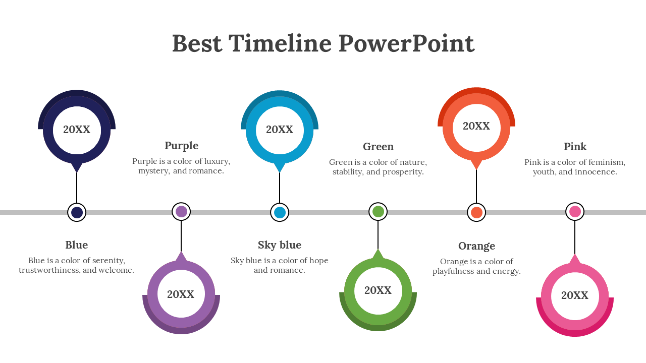 Timeline PPT template featuring colorful circles representing different colors with descriptions for each.