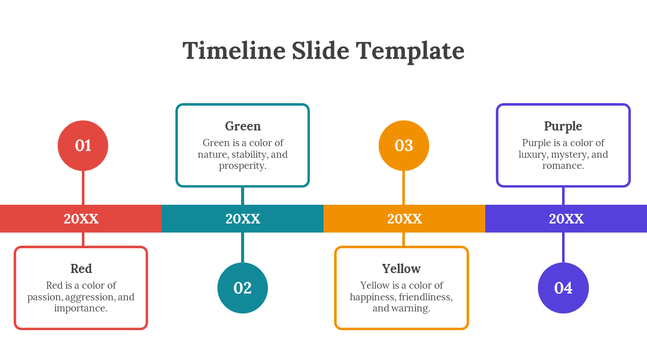 Timeline slide with four steps in red, green, orange, and purple, featuring descriptions and placeholders for years.