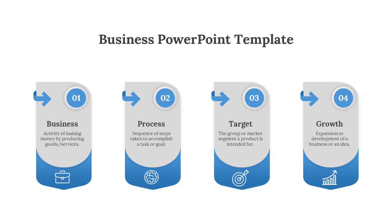 Slide with four vertical blue blocks labeled and numbered sequentially, featuring icons on a white background.