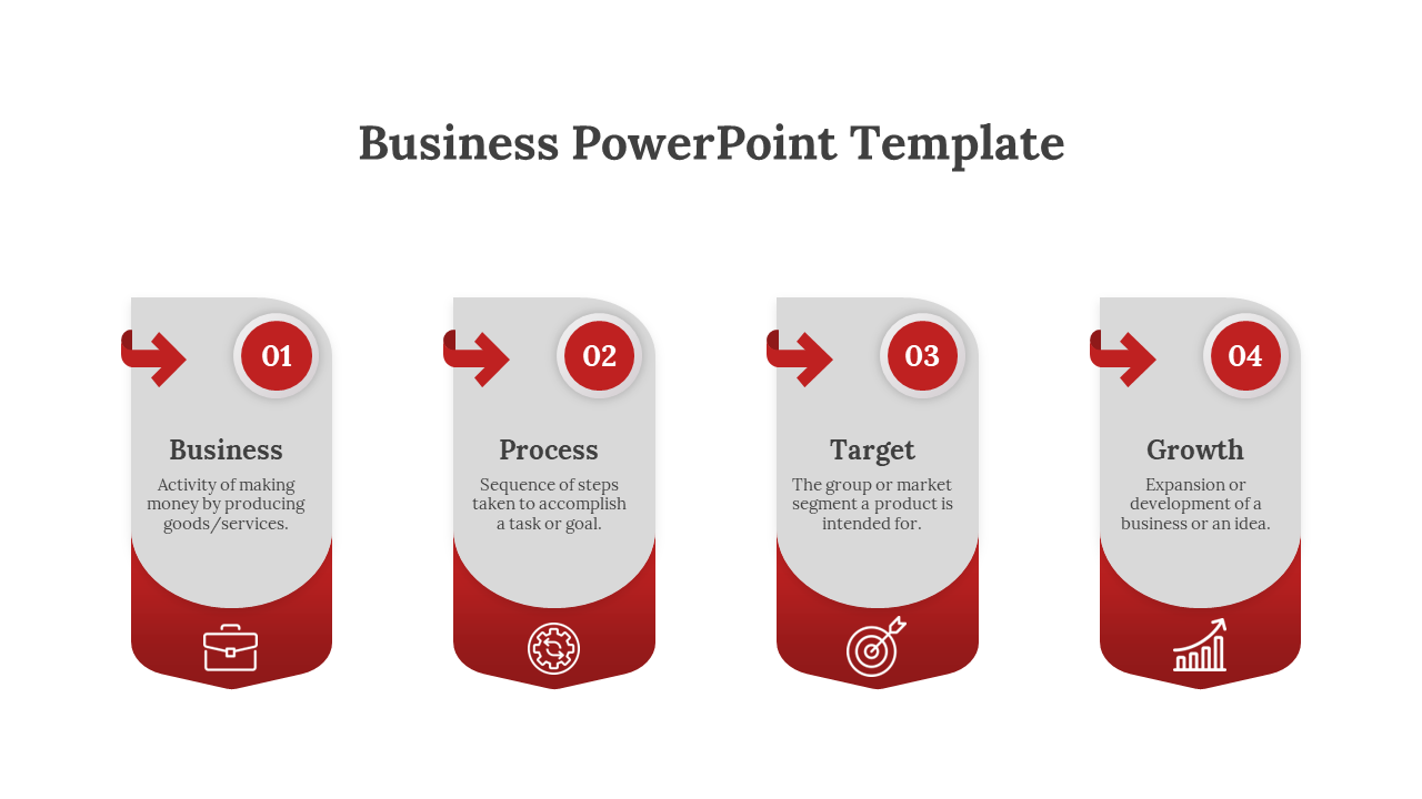 Business concept timeline with four labeled steps, each featuring a circular number, directional arrow, and a business icon.