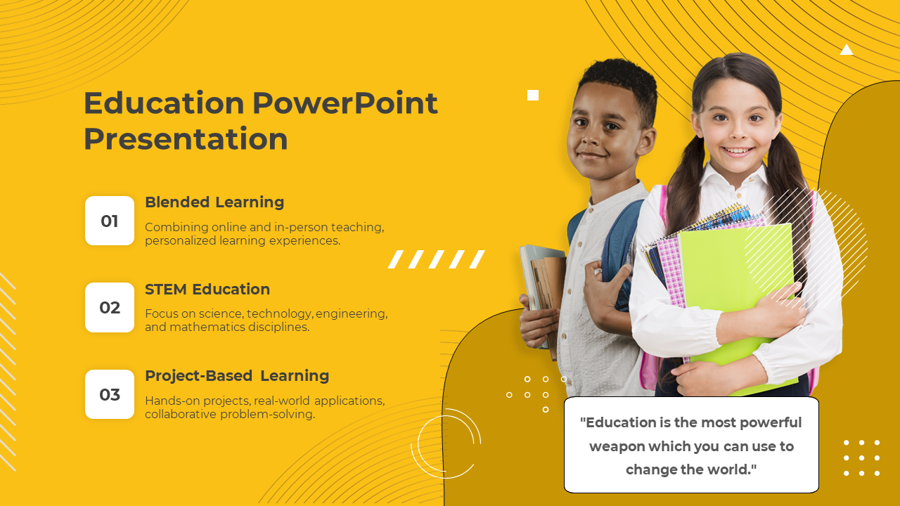 Yellow education slide featuring three learning concepts on the left and two smiling students holding books on the right.