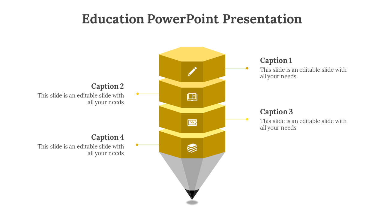 PowerPoint template with a yellow pencil shape and four stacked sections, each with icons and captions related to education.