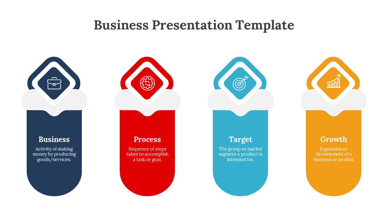 Business PPT template with four colorful sections from Business to Growth, each with an icon and description.