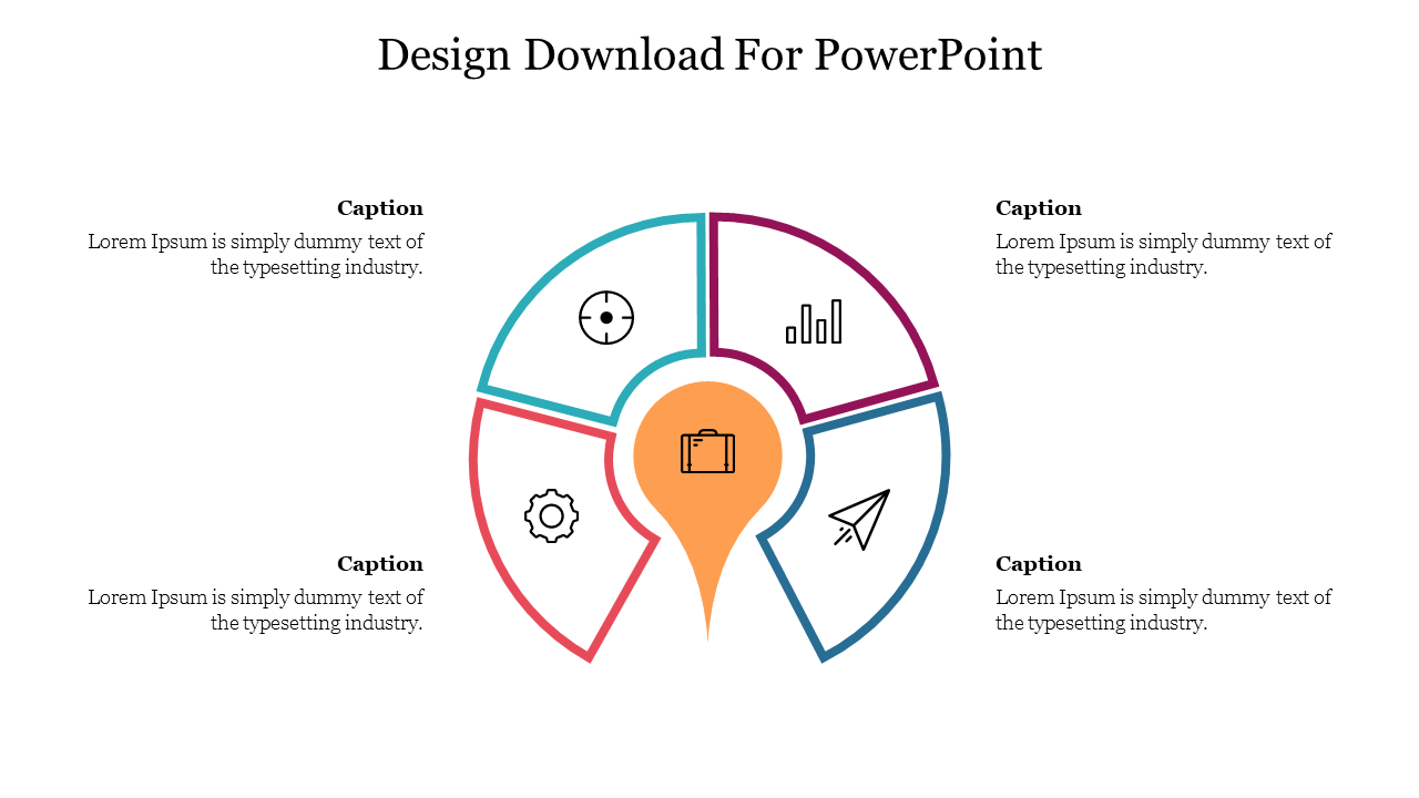 Circular infographic with four labeled segments, in orange, teal, pink, and blue, centered around a yellow home icon.