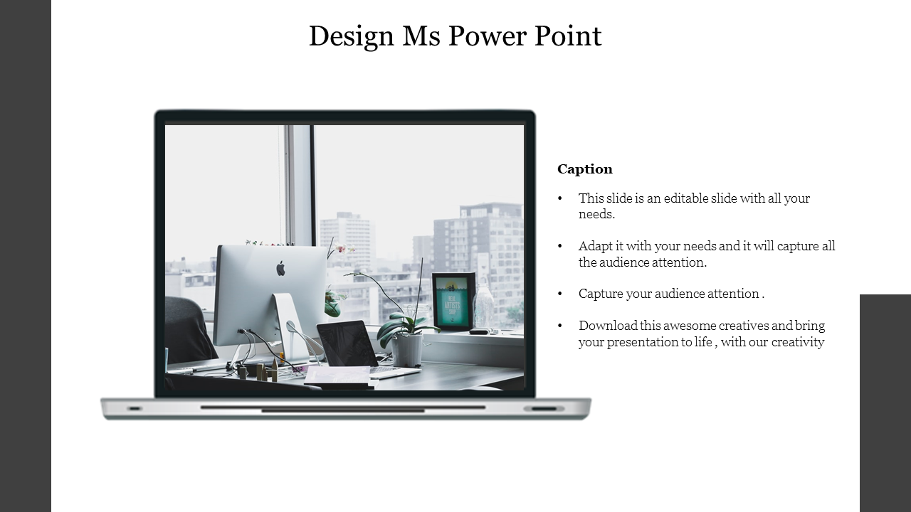 Design with a laptop screen displaying an office desk with a desktop monitor, books, and plants by the window.