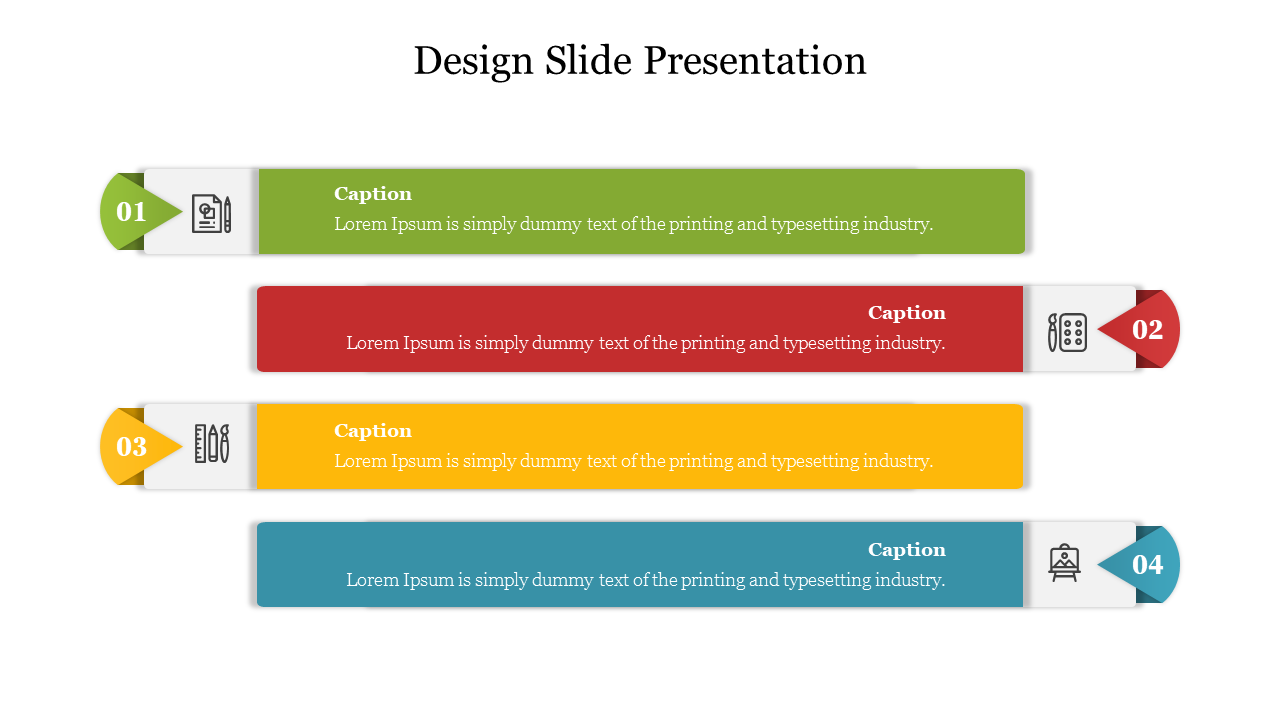 Multicolored horizontal design slide with stepwise colorful sections featuring numbered labels and icons.