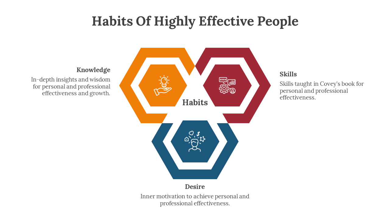 Diagram depicting the habits of highly effective people, with interconnected hexagons for knowledge, skills, and desire.