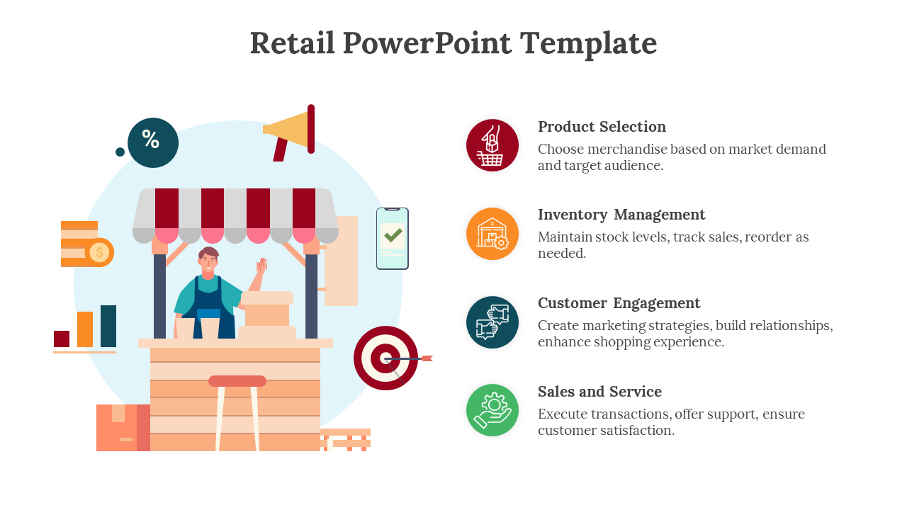 A colorful retail slide showcasing a stall with a vendor, alongside key aspects with icons and text descriptions.