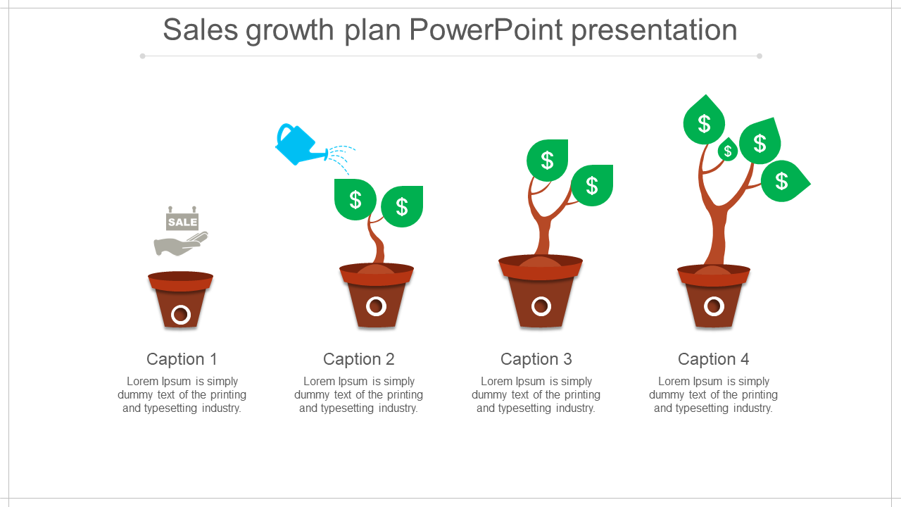 Four potted plants in stages of growth, with dollar signs on green leaves and a watering can symbolizing growth.