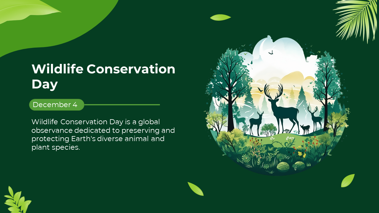 Wildlife conservation day banner with a forest scene featuring deer, trees, and greenery under a bright sky.