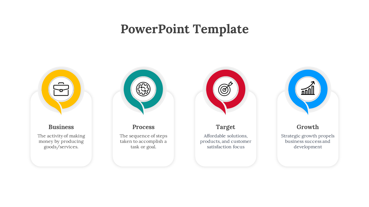 Minimalist PPT slide with four colorful business icons representing key concepts from business to growth on a white backdrop.