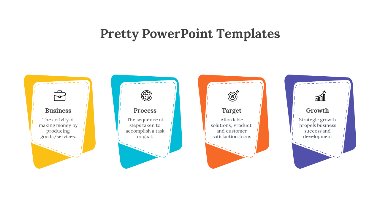 Four colorful tilted cards in yellow, teal, orange, and blue, each with icons and text on a white background.