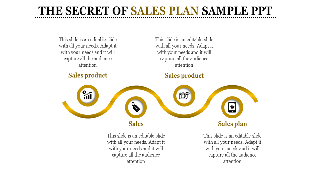 A sales plan sample PPT slide with icons for sales products and sales plans, including a graph and camera symbols.