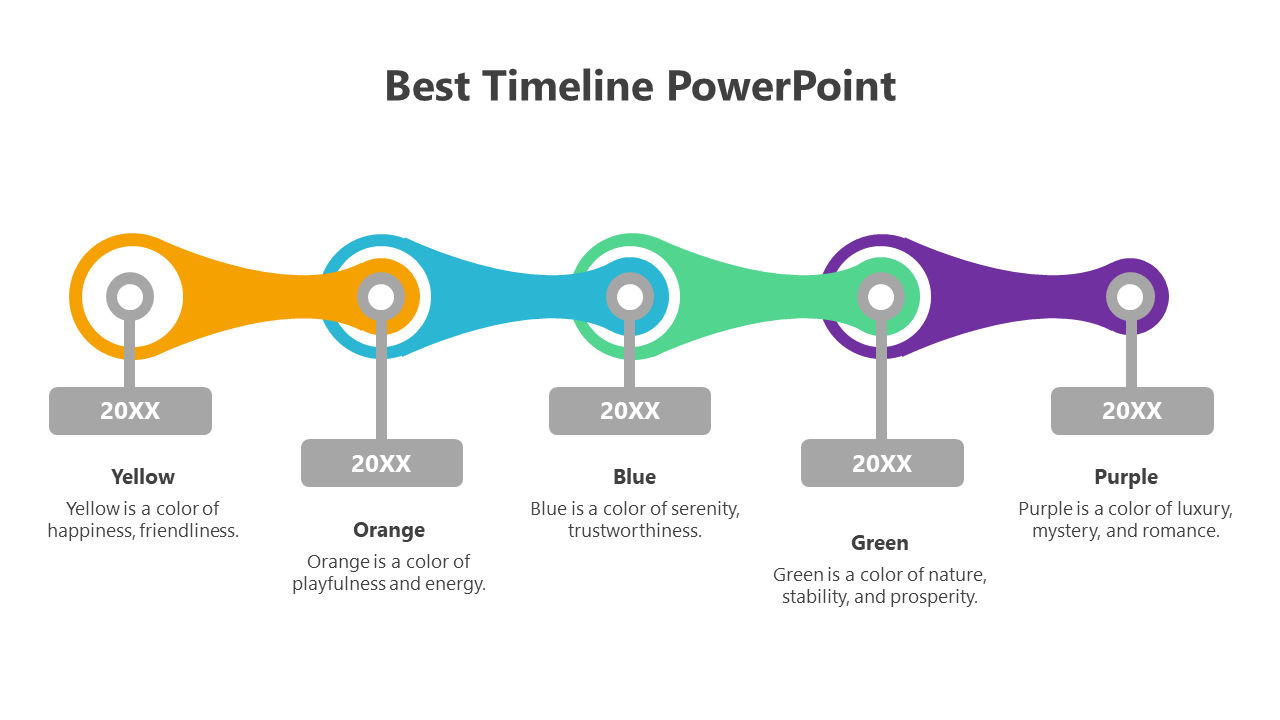 Vibrant timeline graphic with curved segments in yellow, orange, blue, green, and purple, each labeled 20XX.