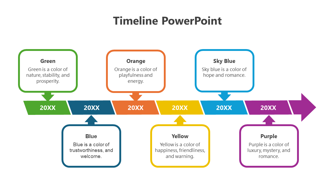 Colorful horizontal timeline with six boxes representing different years, each with a color and placeholder text area.