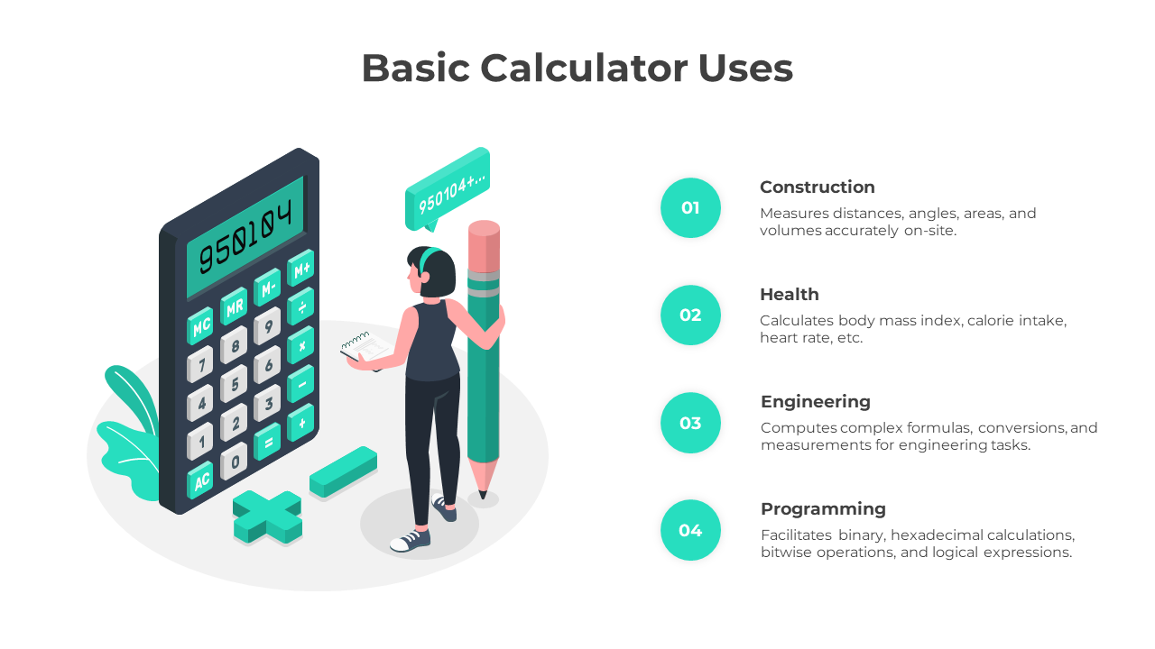 Illustration of a person using a calculator, with text detailing its uses in various fields from construction to programming.