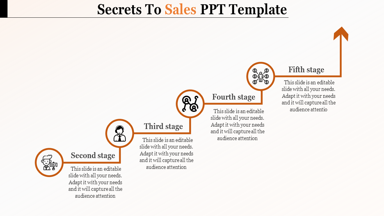 Sales template showing five stages, each represented by icons and labeled steps, progressing upward.