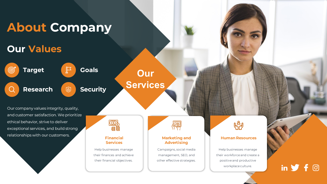 Simple PowerPoint slide featuring company values and services, including financial services, marketing, and human resources.