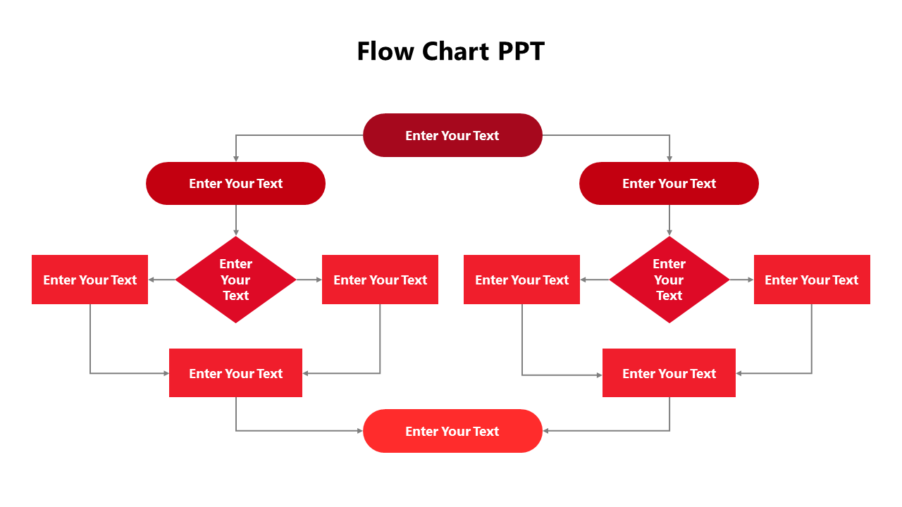 Flowchart template with interconnected red shapes, including rectangles and diamonds, each containing placeholder text areas.