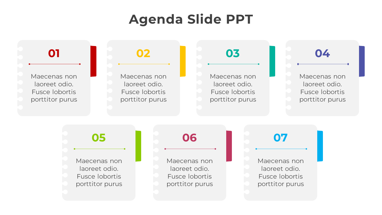 Agenda slide with seven numbered sections, each with text fields, designed in colorful tabbed paper style elements.