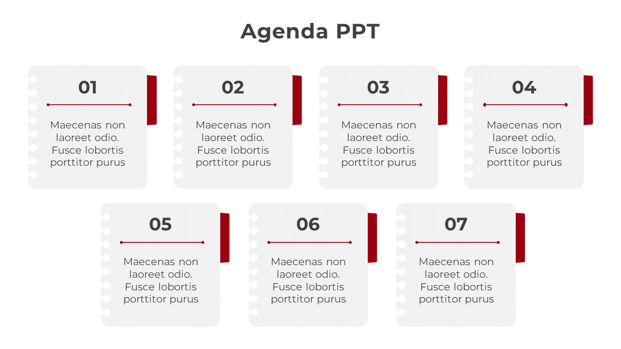 Meeting Agenda PowerPoint template featuring seven numbered sections with dotted line bullet points.