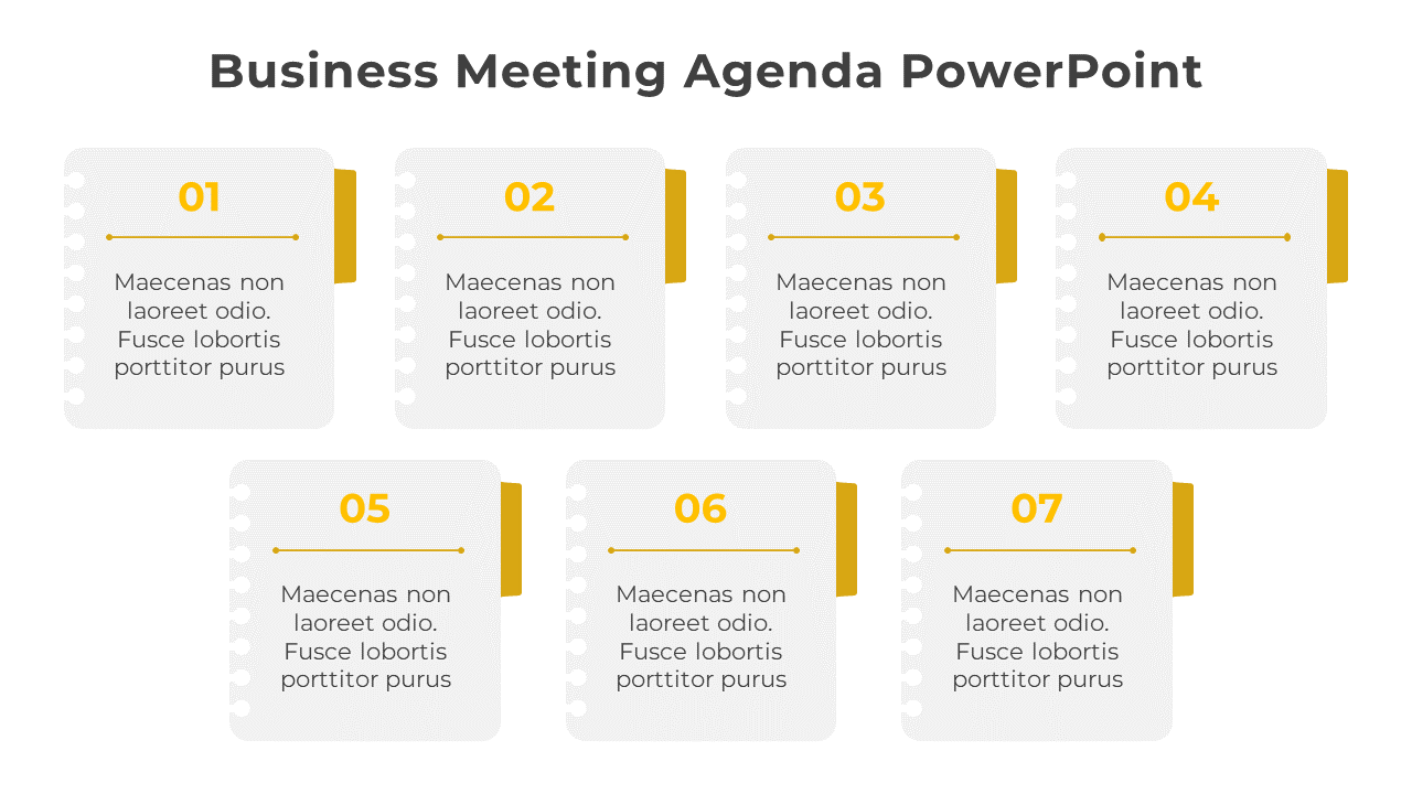 Business meeting agenda slide with seven numbered paper style blocks in two rows, each with text space and yellow accents.