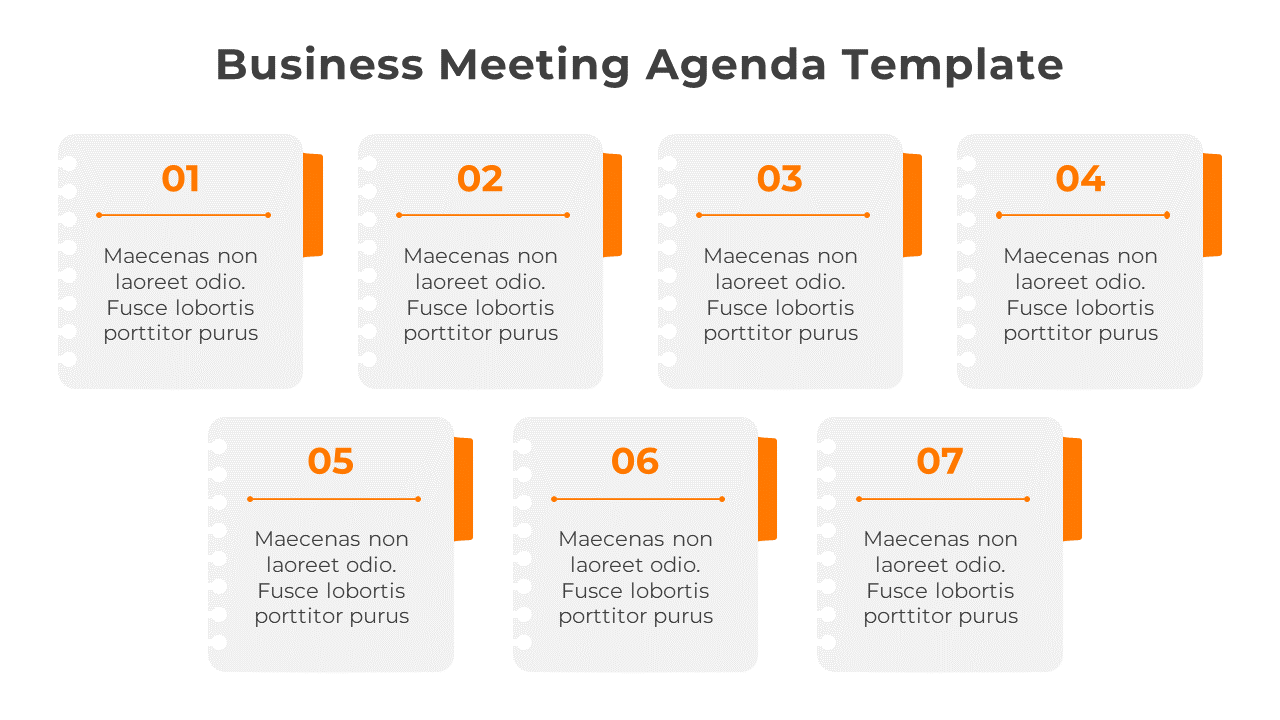 Business meeting agenda slide with seven numbered orange sections, placeholder text, and organized in two rows.