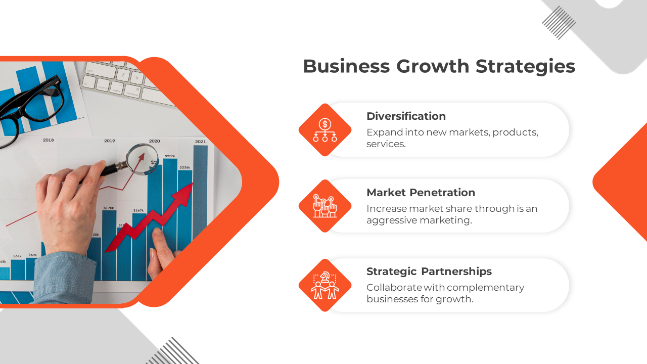 Business growth strategies PowerPoint with a focus on diversification, market penetration, and strategic partnerships.