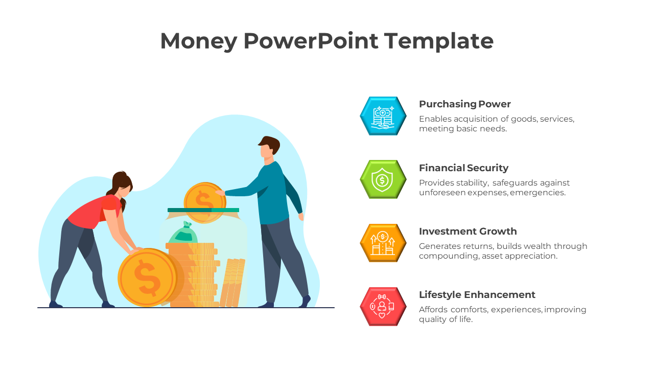 Illustration of people saving money in a jar, with a list of financial benefits displayed in four colorful hexagonal icons.