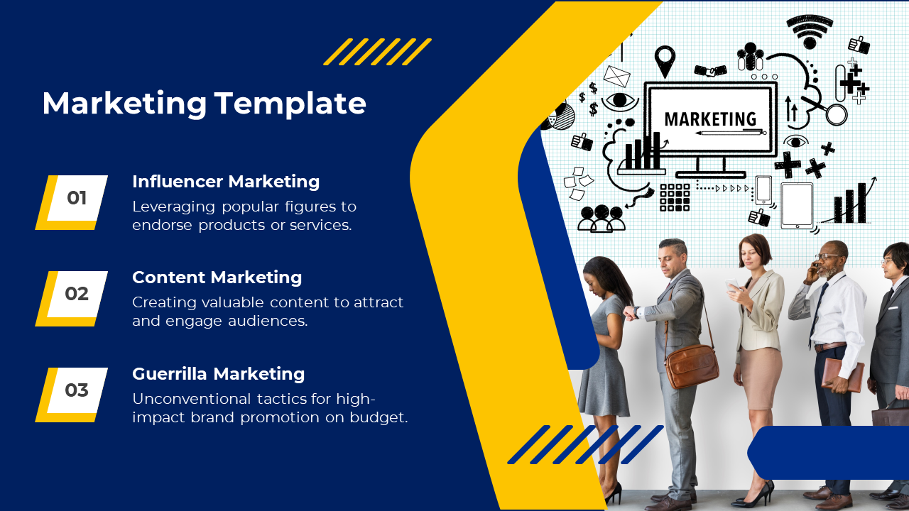 Marketing template design on three strategies and an image of professionals next to hand-drawn icons on a grid background.