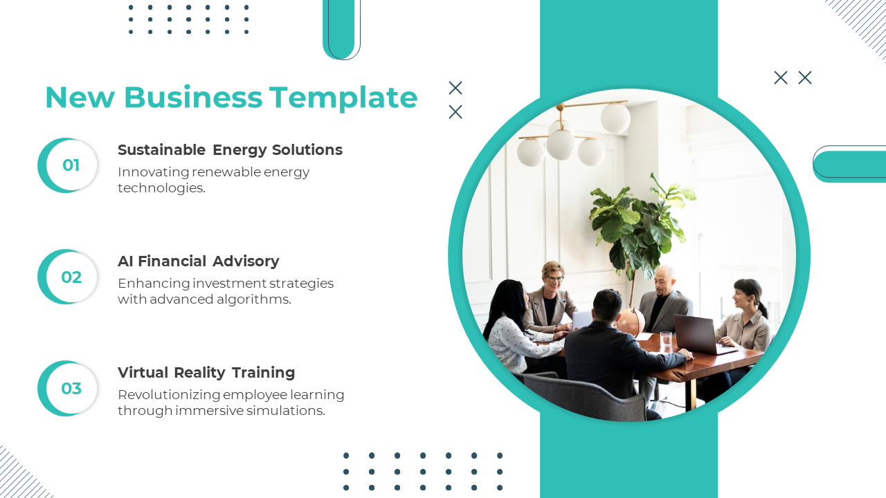 Business slide with three numbered sections for text and a circular image of a business meeting, in teal theme.