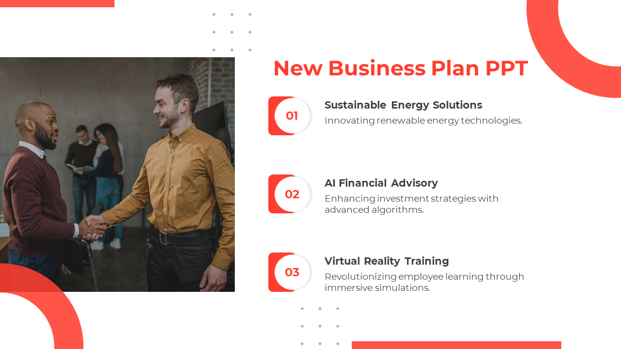 Slide featuring a handshake photo on the left and a list of three business plan elements on the right with red accents.