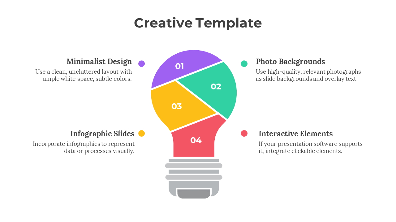 Creative template featuring a light bulb split into four colorful numbered sections, each with a label and description.