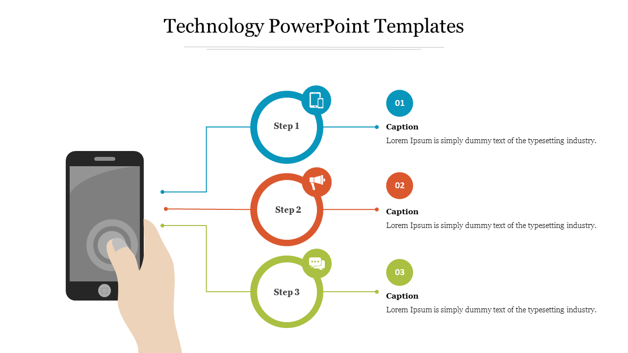 Technology-themed slide showing a smartphone and a three-step circular process with icons for each step on the right.