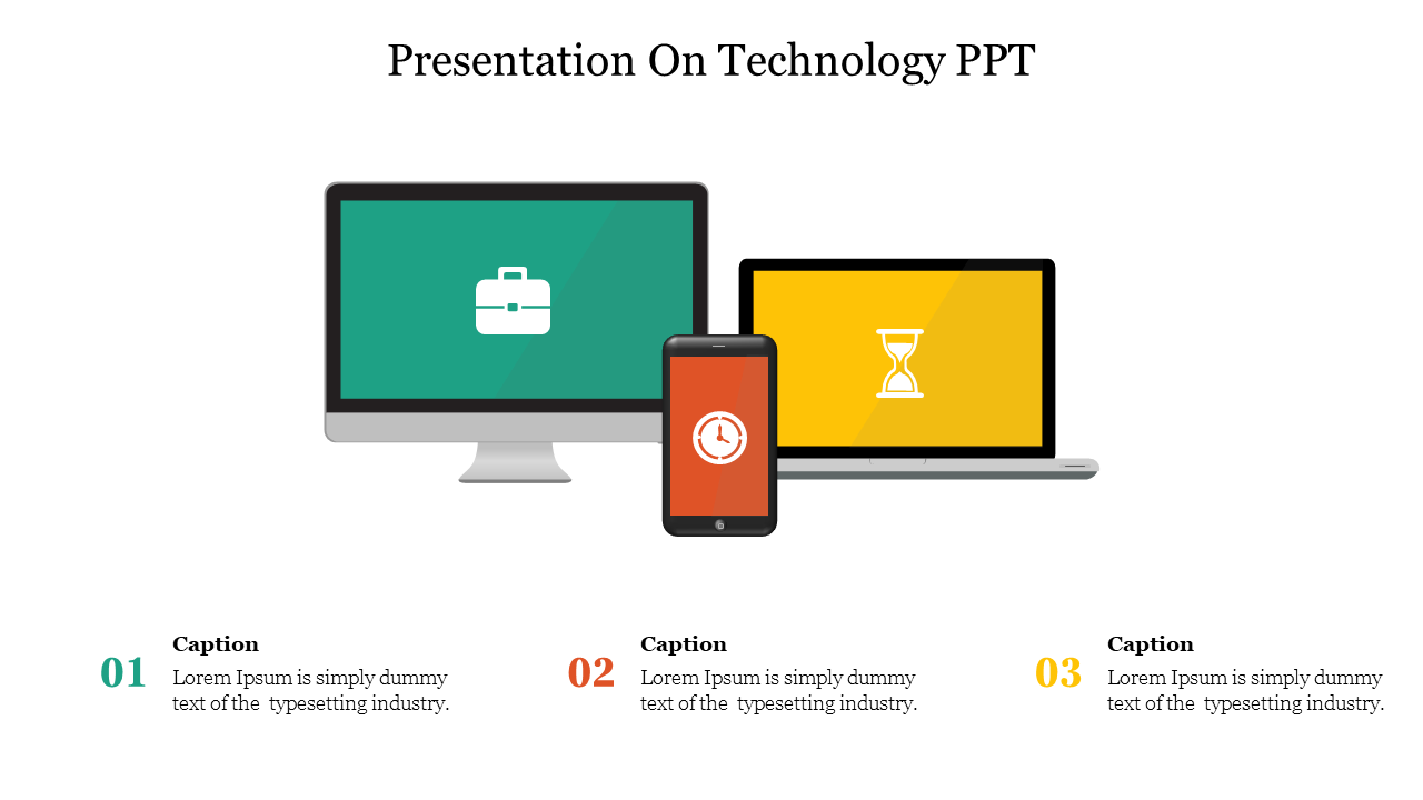 Technology themed slide showing a desktop monitor, a smartphone with a clock icon, and a laptop with an hourglass icon,