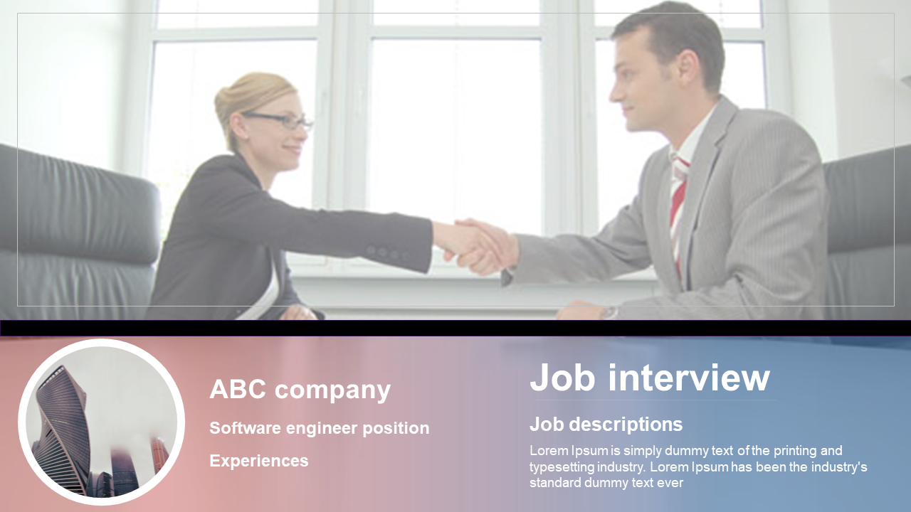 Interview scene with two people shaking hands at the top, and company information in a red and blue split section.