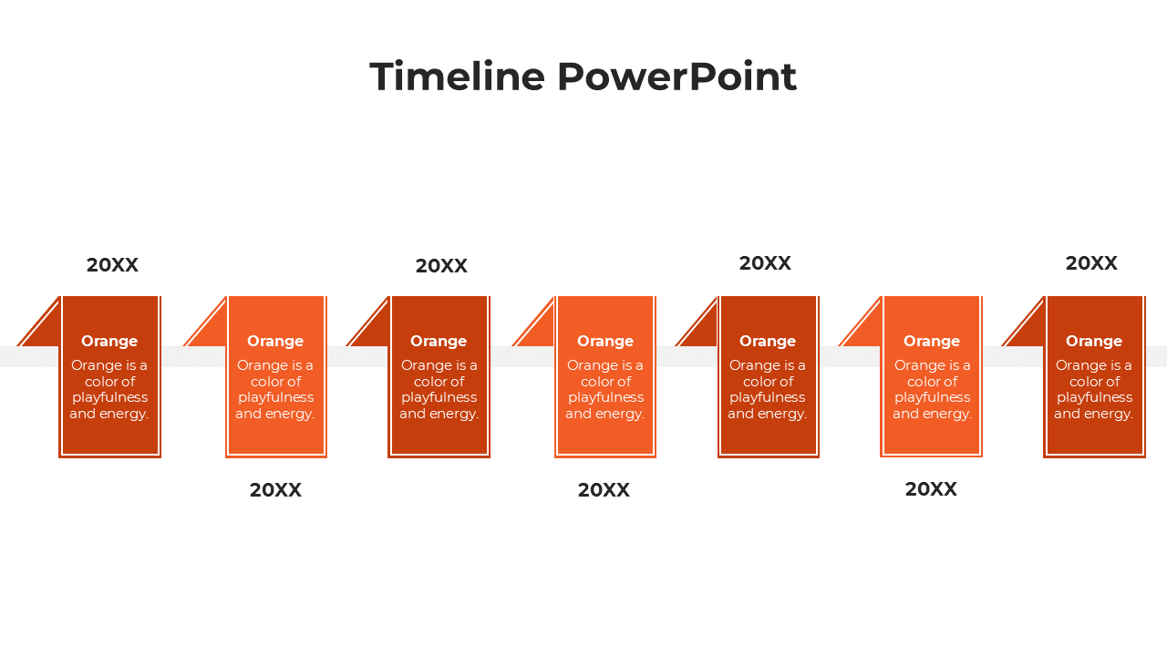 Timeline infographic in orange shades, displaying seven key events labeled 20XX with text.