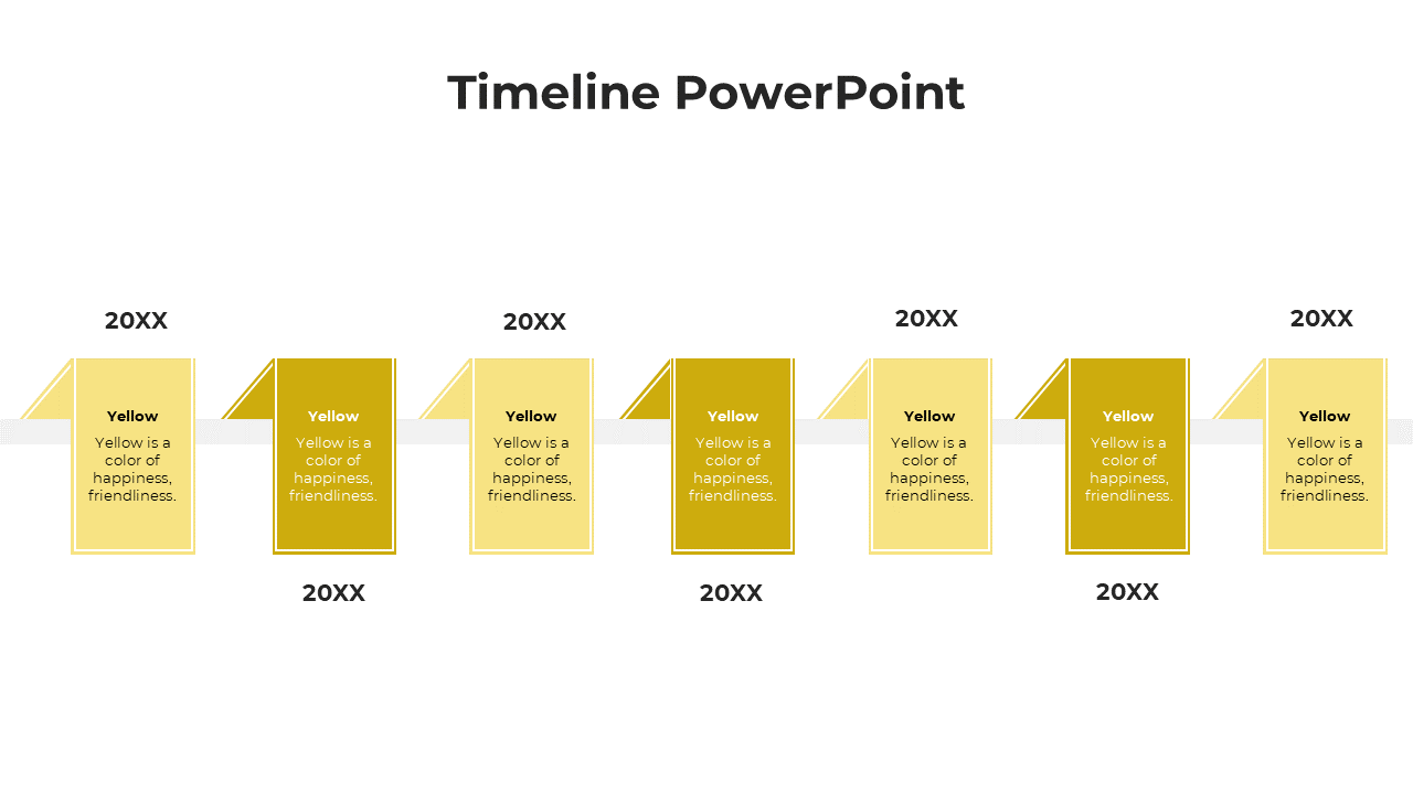 Horizontal timeline featuring seven yellow rectangular cards, with triangular folds, and a white connecting line.